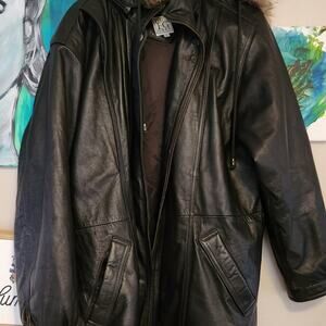 Dark brown vintage leather jacket w fur lined hood pockets & matching gloves L
